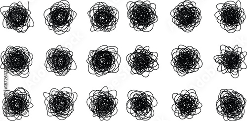 Handdrawn scribbles row of doodle set, chaotic line art with isolated messy sketch elements