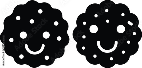 Happy cookie glyph icons with smiley face, chocolate chip dessert, food illustration