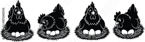 Hen nesting on eggs silhouette collection, poultry farming, Easter design, farm graphic