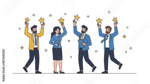 Teamwork Success: People Holding Stars, Achieving Goals, Celebrating Victory