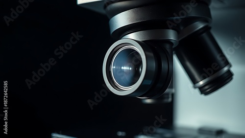 Closeup of a scientific microscope with detailed metal lens in a laboratory setting.