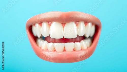 Close-up of healthy white teeth with clean gums against a blue gradient background.