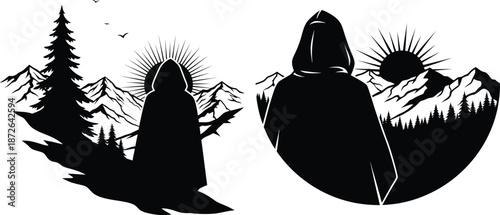 Hooded figure silhouette with mountain landscape, forest, and sunrise for print