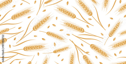 Golden wheat seamless pattern illustration with hand drawn barley ears, rustic farm harvest background design