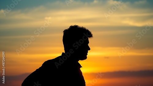 Solitary figure silhouetted against a vibrant sunset sky with distant birds, evoking hope and warmth.