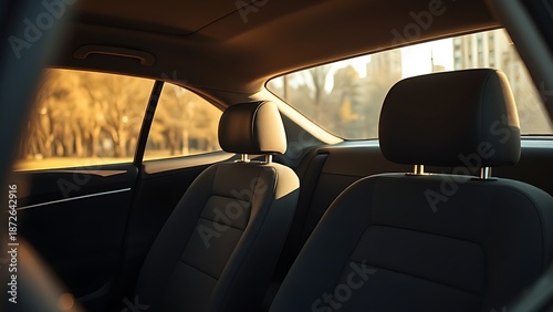 Car interior with sunlight streaming through the window, focusing on empty seats.