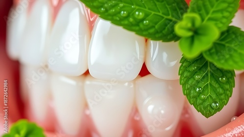Close-up of pristine white teeth with fresh mint leaves, emphasizing dental hygiene and freshness.
