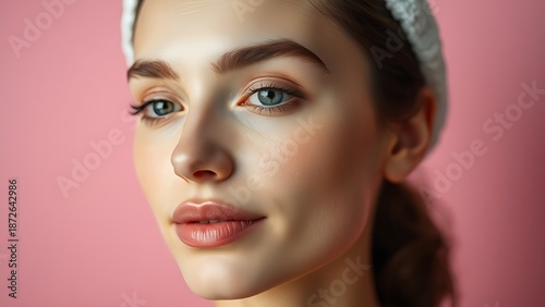 A serene young woman with spa facial marks against a soft pink backdrop.