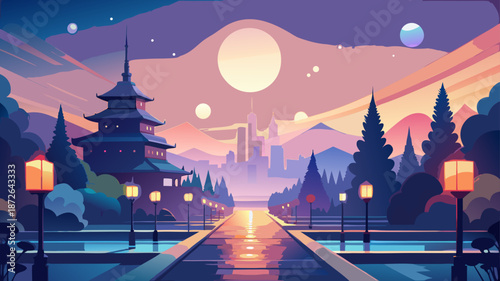 Serene japanese garden at sunset