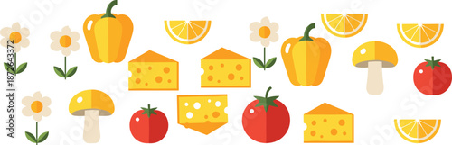 Healthy food ingredients vector set with cheese, vegetables, mushrooms, tomatoes, peppers, flowers, and citrus slices
