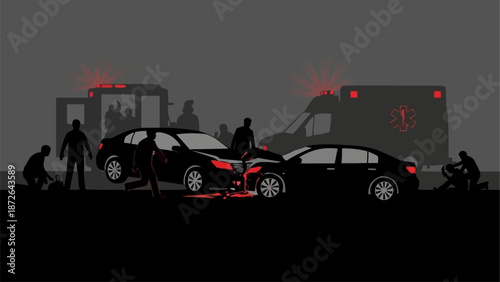 Car accident scene with emergency vehicles and people.