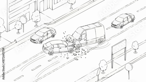 Car accident illustration showing multiple vehicles colliding on a city street.