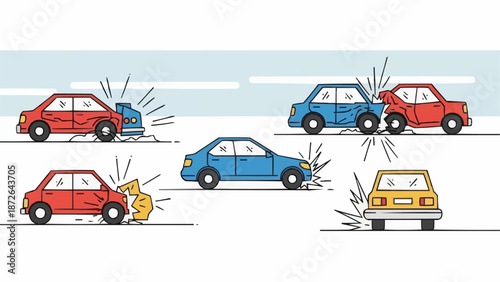 Car accident illustration showing multiple collisions and damage.