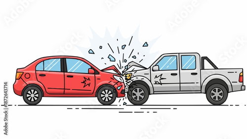 Car accident illustration showing two vehicles colliding head on.