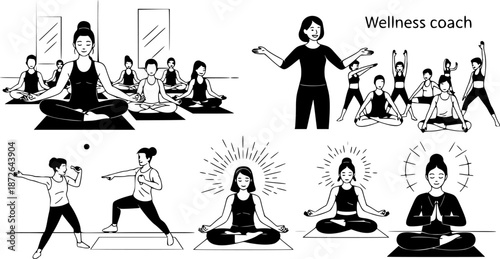 Yoga Instructor Teaching Silhouette Meditation Wellness Coach Fitness Guiding Exercise Black Vector Isolated White Background Mindfulness Peaceful Namaste Studio