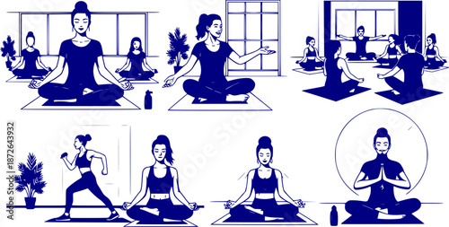 Yoga Instructor Teaching Silhouette Meditation Wellness Coach Fitness Guiding Exercise Black Vector Isolated White Background Mindfulness Peaceful Namaste Studio
