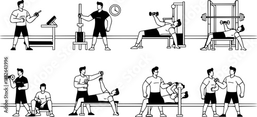 Personal Trainer Coaching Silhouette Workout Gym Fitness Coach Exercise Training Black Vector Isolated White Background Athletic Instructor Sports Motivation Health