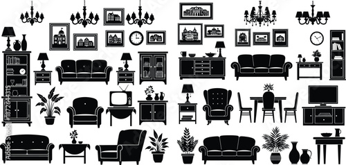 illustration of living room furniture collection in flat black silhouette design style