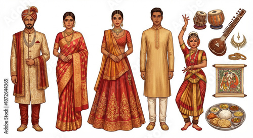 Traditional Indian Wedding Couple and Performers with Musical Instruments and Food