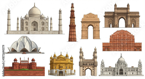 A comprehensive collection of iconic Indian architectural landmarks, featuring famous historical monuments that showcase the country's rich cultural heritage