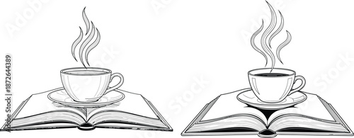 Ink drawing of coffee cup with steam on an open book in line art style