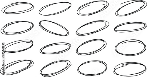 Hand-drawn oval doodle shapes set featuring sketch circles and marker outlines for notes, highlights, and creative design elements