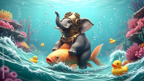 An adorable elephant wearing a diving helmet rides a goldfish through the ocean with rubber ducks