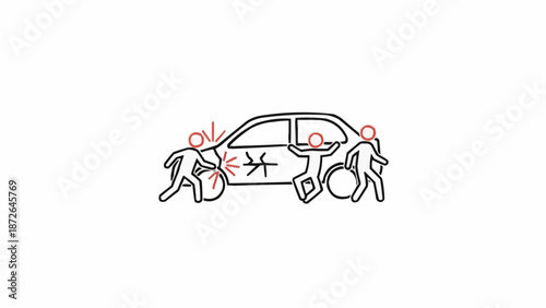 Cartoon car crash with stick figures involved in accident.