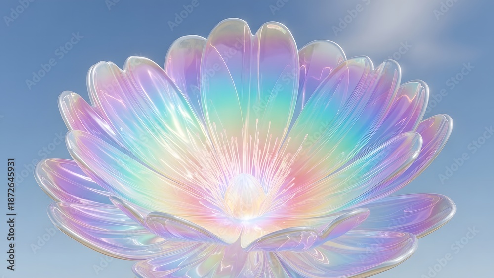 Fototapeta premium Giant transparent flowers sparkle with pastel neon gradients