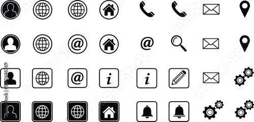 Website interface icon set featuring contact symbols, email, phone, globe, user profile, settings, and location markers