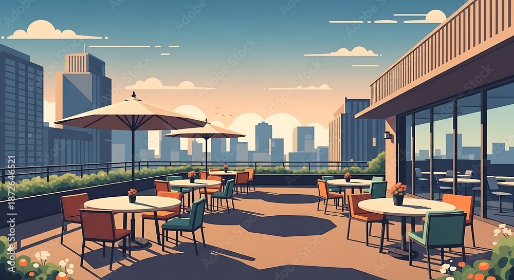 Fototapeta premium Rooftop restaurant with tables and chairs overlooking city skyline at sunset.