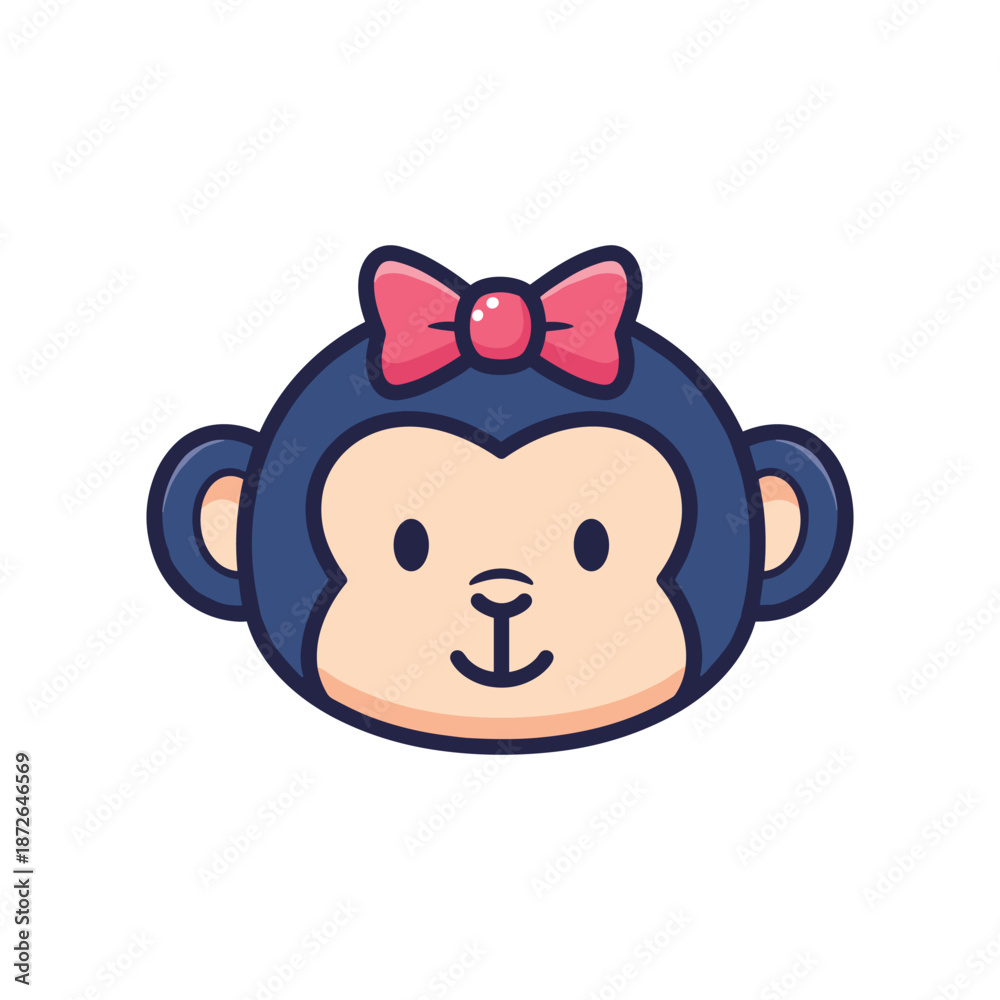 Fototapeta premium Adorable Cartoon Monkey Face with Pink Bow Vector Illustration