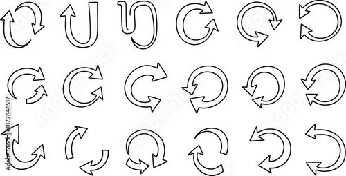 Arrow rotation icon set featuring refresh, reload, undo, and circular arrow symbols in multiple styles for user interface design