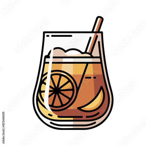 Classic amaretto sour cocktail vector illustration with lemon slice and straw isolated on white background