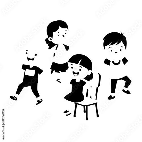 Cartoon happy children playing musical chairs vector illustration. Kids excitedly walking around the chairs vector illustration. Fun and childhood concept. Isolated on white background
