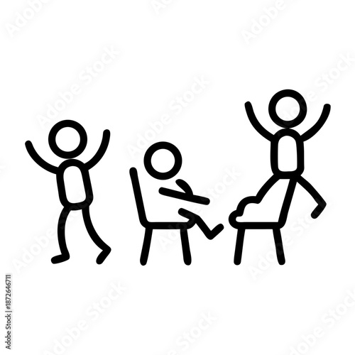 Cartoon happy children playing musical chairs vector illustration. Kids excitedly walking around the chairs vector illustration. Fun and childhood concept. Isolated on white background
