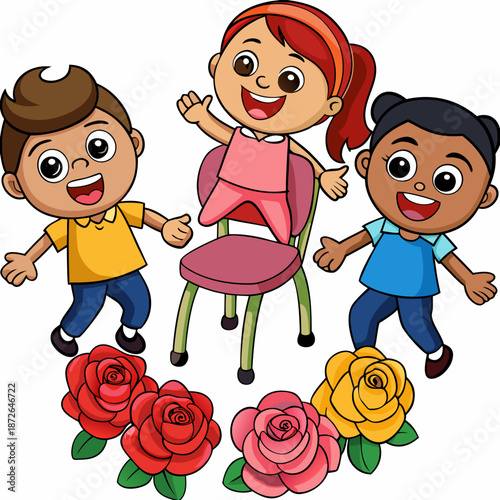 Cartoon happy children playing musical chairs vector illustration. Kids excitedly walking around the chairs vector illustration. Fun and childhood concept. Isolated on white background
