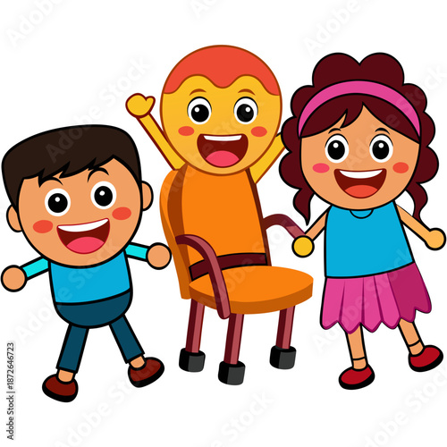 Cartoon happy children playing musical chairs vector illustration. Kids excitedly walking around the chairs vector illustration. Fun and childhood concept. Isolated on white background
