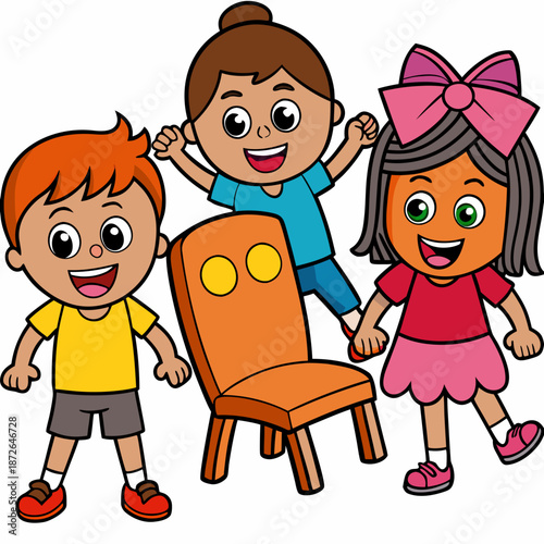 Cartoon happy children playing musical chairs vector illustration. Kids excitedly walking around the chairs vector illustration. Fun and childhood concept. Isolated on white background
