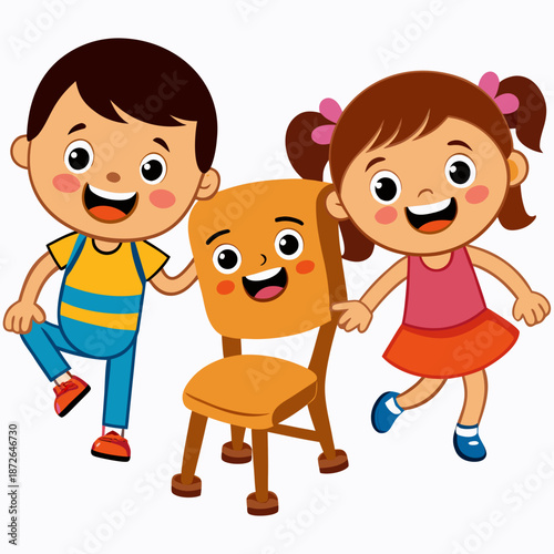 Cartoon happy children playing musical chairs vector illustration. Kids excitedly walking around the chairs vector illustration. Fun and childhood concept. Isolated on white background
