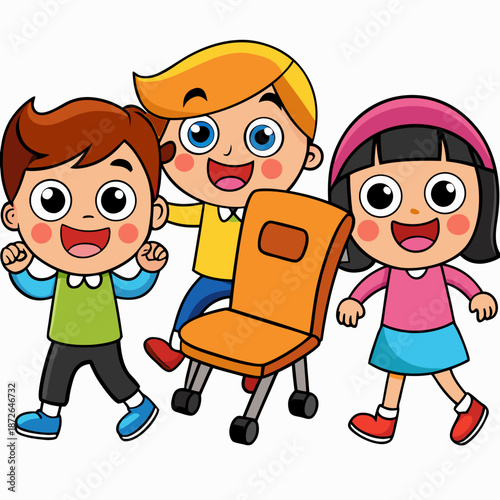 Cartoon happy children playing musical chairs vector illustration. Kids excitedly walking around the chairs vector illustration. Fun and childhood concept. Isolated on white background
