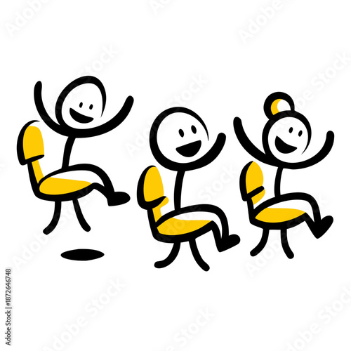 Cartoon happy children playing musical chairs vector illustration. Kids excitedly walking around the chairs vector illustration. Fun and childhood concept. Isolated on white background
