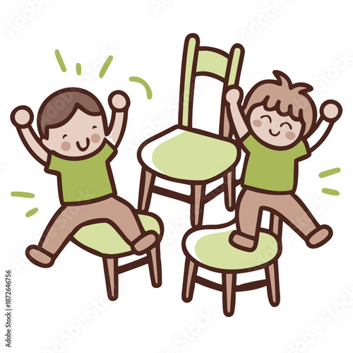 Cartoon happy children playing musical chairs vector illustration. Kids excitedly walking around the chairs vector illustration. Fun and childhood concept. Isolated on white background

