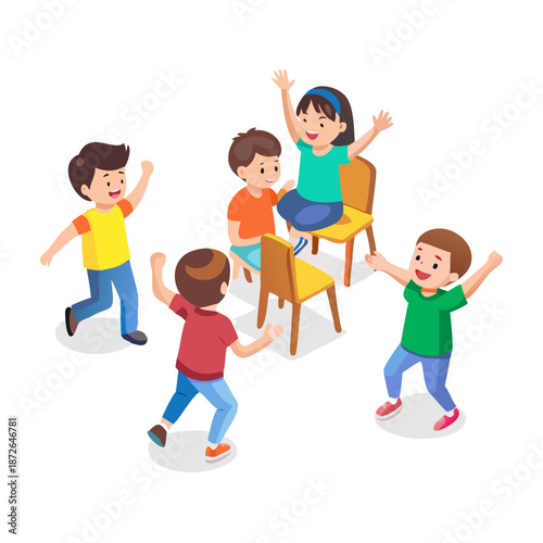 Cartoon happy children playing musical chairs vector illustration. Kids excitedly walking around the chairs vector illustration. Fun and childhood concept. Isolated on white background
