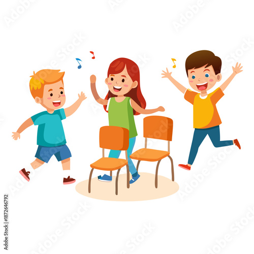 Cartoon happy children playing musical chairs vector illustration. Kids excitedly walking around the chairs vector illustration. Fun and childhood concept. Isolated on white background
