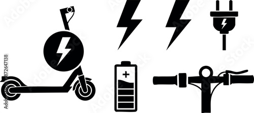 Electric scooter battery charging and energy icons with lightning bolt symbols and plug connection vector illustration