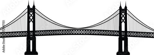 Suspension Bridge Silhouette Vector Illustration, Large Iconic Steel Structure Spanning a Waterway, Representing Transportation Infrastructure, Travel, and Urban City Architecture.