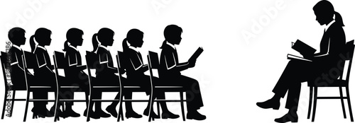 Teacher reading book to students, classroom education silhouettes, learning concept, school children listening, black vector illustration isolated