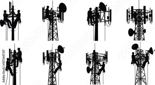 Telecommunication Tower Climbers Silhouette Vector Illustration Set, Technicians Installing and Repairing Antennae and Satellite Dishes, Representing High-Risk Job on Cell and Radio Masts.