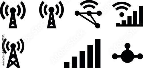 Wireless signal icons set depicting communication towers and network strength bars in black vector design